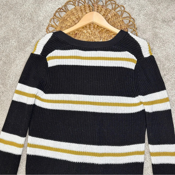 Forever21 Black & Off-White Yellow Striped Open Front Button Cardigan Sweater - Picture 8 of 13